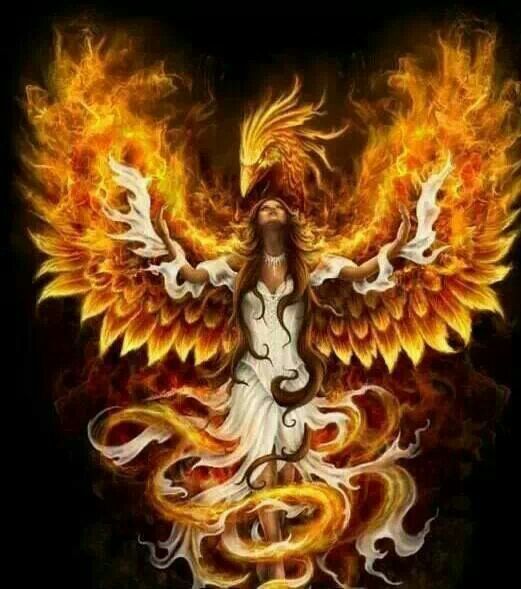 woman in white with fire phoenix